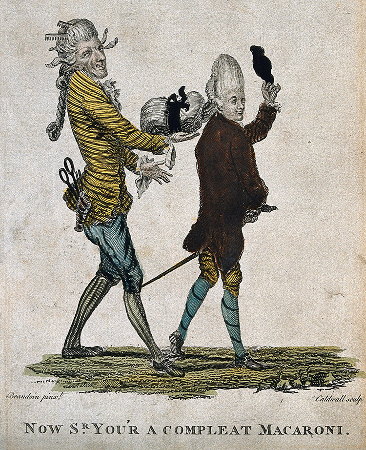 'Now Sr. you'r a compleat Macaroni', coloured engraving by J. Caldwell after M.V. Brandoin, 1733-1807.
