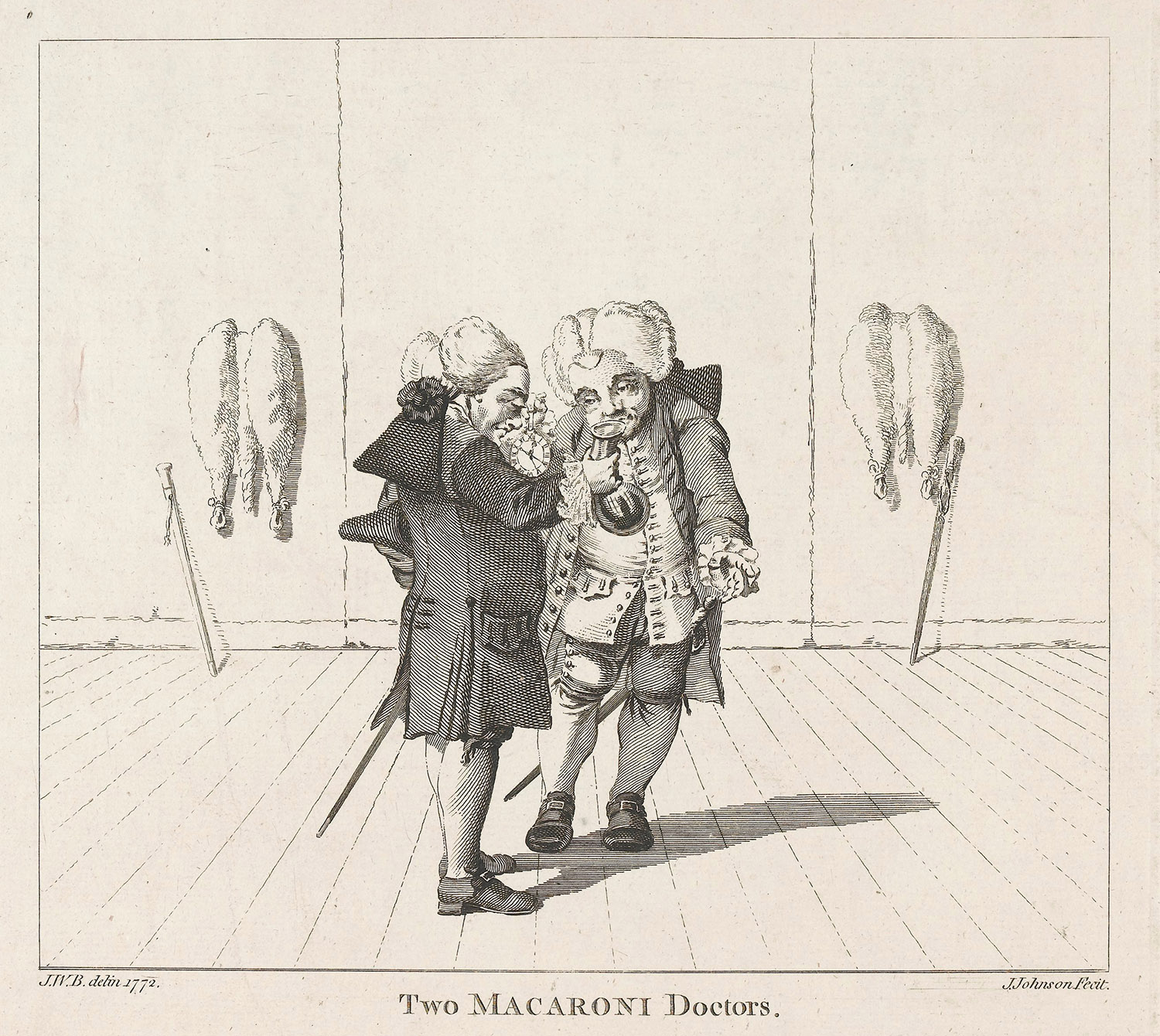 Two physicians in "macaroni" fashions. Etching by J. Johnson after J.W.B., 1772.