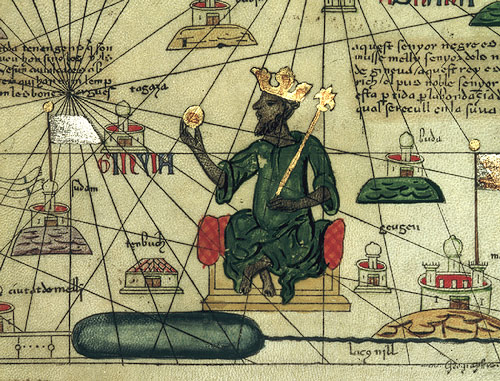 Depiction of Mansa Musa, ruler of the Mali Empire in the 14th century, from a 1375 Catalan Atlas of the known world (mapamundi), drawn by Abraham Cresques of Mallorca