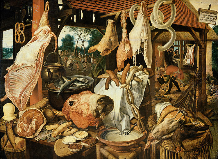 Painting called Flight into Egypt (the Meat Market), Pieter Aertsen, Dutch, 16th century. Copyright Bridgeman Images.
