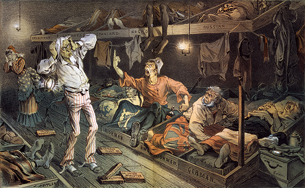 E Pluribus Unum: An Irishman kicks up a row as immigrants from various countries try to sleep at Uncle Sam's lodging house. 'Puck' cartoon, 1882. 