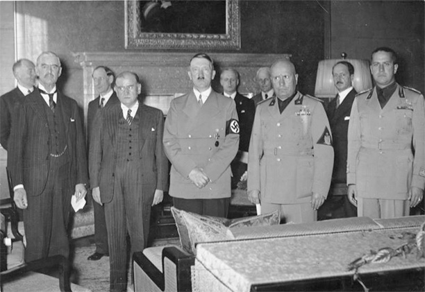 From left to right: Chamberlain, Daladier, Hitler, Mussolini, and Ciano pictured before signing the Munich Agreement, which gave the Sudetenland to Germany.
