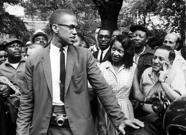 Malcolm X promoting Black Muslim policies during a civil rights demonstration in Brooklyn, New York, 1963. Getty Images/Time Life