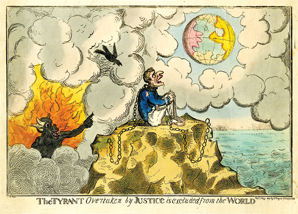 Fallen idol: a defeated Napoleon atop a rock, a caricature in imitation of Cruikshank, 1814