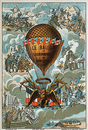 "Napoleon's coronation balloon". Collecting card with vignettes of Napoleon's military victories.