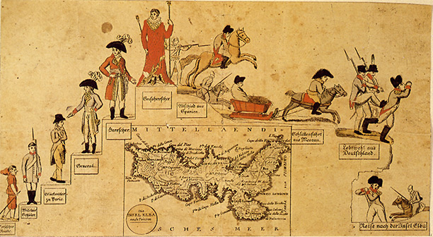 "The Rise and Fall of Napoleon", cartoon drawn by Johann Michael Voltz following the Treaty of Fontainebleau – on the lower side is seen the map of Elba.