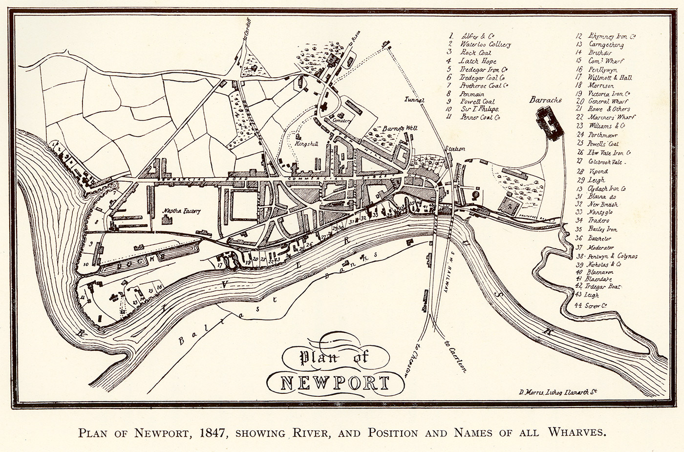 Plan of Newport, 1847. Pillgwenlly is the district to the bottom left hand side.