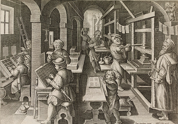 A printer's shop, from a Flemish series illustrating new inventions, c. 1580-1605. British Museum