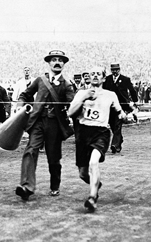 Dorando Pietri about to break the tape in the 1908 Olympic marathon. Getty Images/Popperfoto