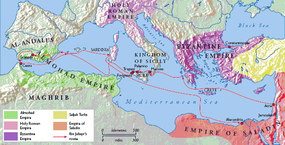 ibn Jubayr's route around the Mediterranean, 1183-85. History Today / Tim Aspden