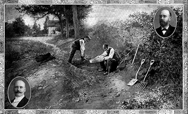 Dawson (left) and Smith-Woodward search for more bones, Illustrated London News, 1913