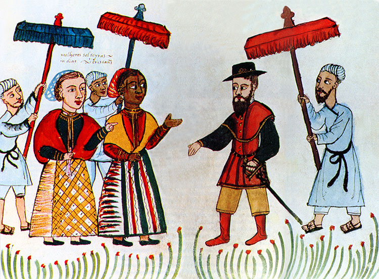 A Portuguese merchant is greeted by his Indian household, early 16th century.