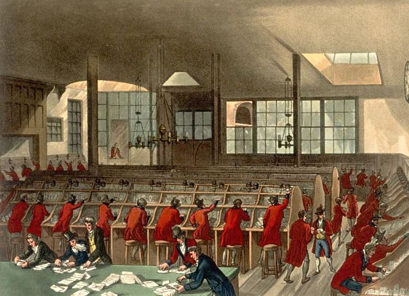 The Post Office as drawn by Augustus Pugin Senior and Thomas Rowlandson for Ackermann's Microcosm of London (1808-11).