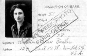Kitty Bowler's press pass whilst working for 'News Week', 1936