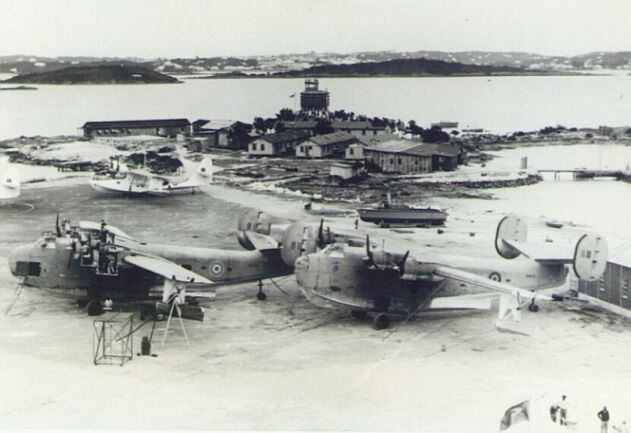 Flying boats of RAF Transport (the two PB2Y Coronado aircraft) and Ferry Commands on the tarmac at RAF Darrell's Island during the Second World War.