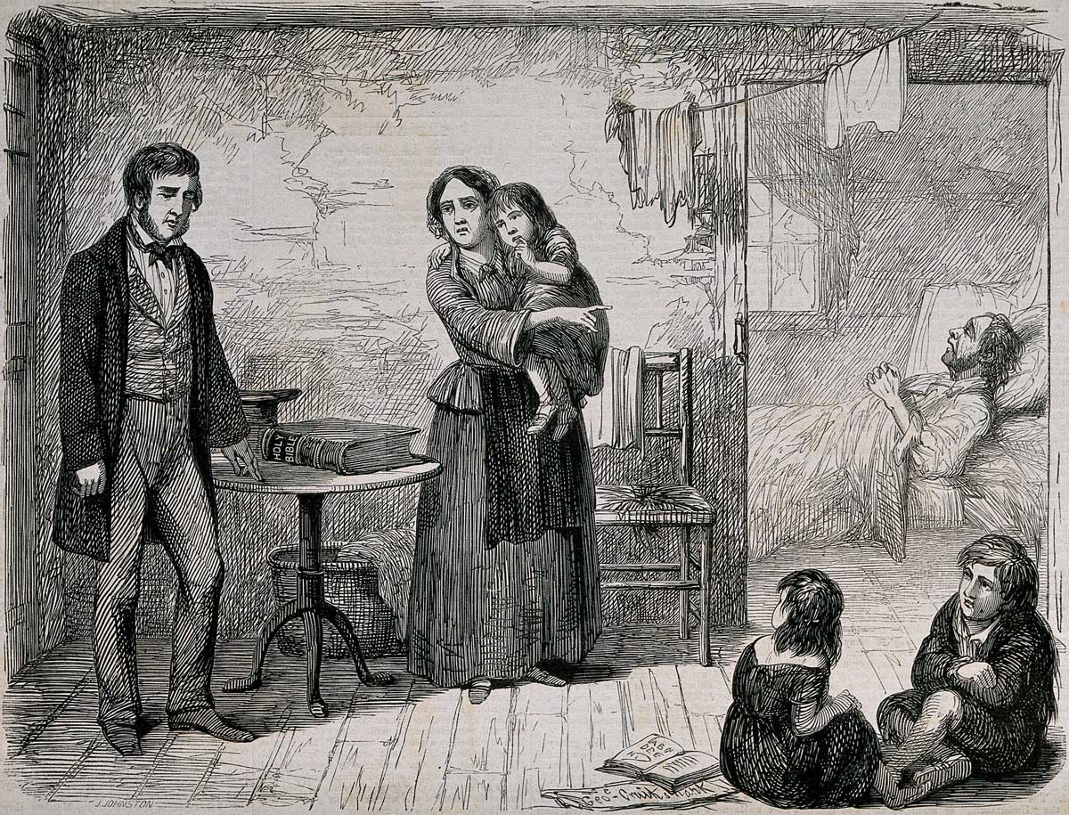 A drunkard stands before his poor family and swears by the Holy Bible. Wood-engraving by J. Johnston, c. 1864, after G. Cruikshank. Wellcome Collection.