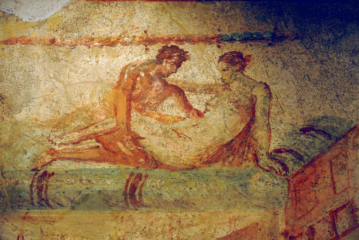 Erotic fresco from the lupanar, Pompeii, first century AD. Photo by Frédéric Soltan © Getty Images 