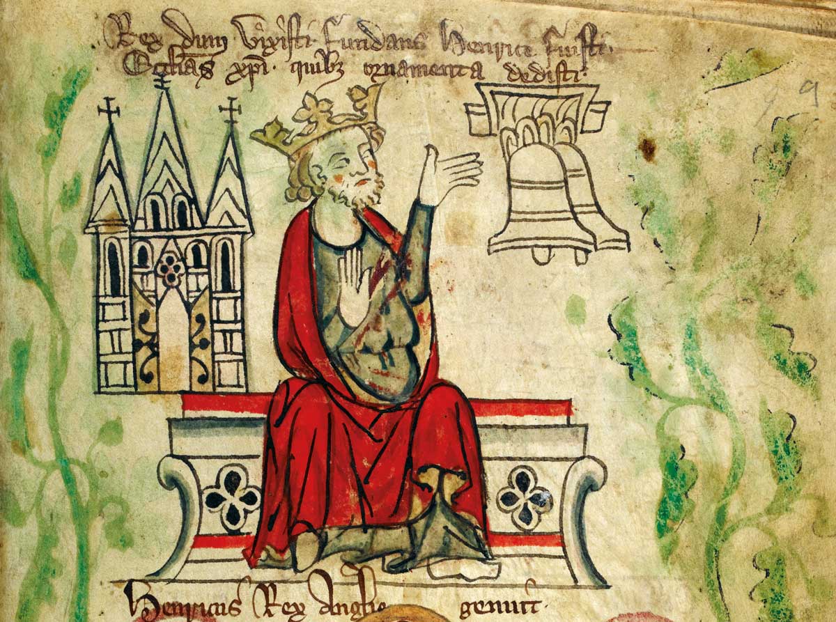 Henry III with representations of Westminster Abbey and  two church bells, from the ‘Chronicle of England’, by Peter de Langtoft, c.1307-27 © British Library Board/Bridgeman Images.