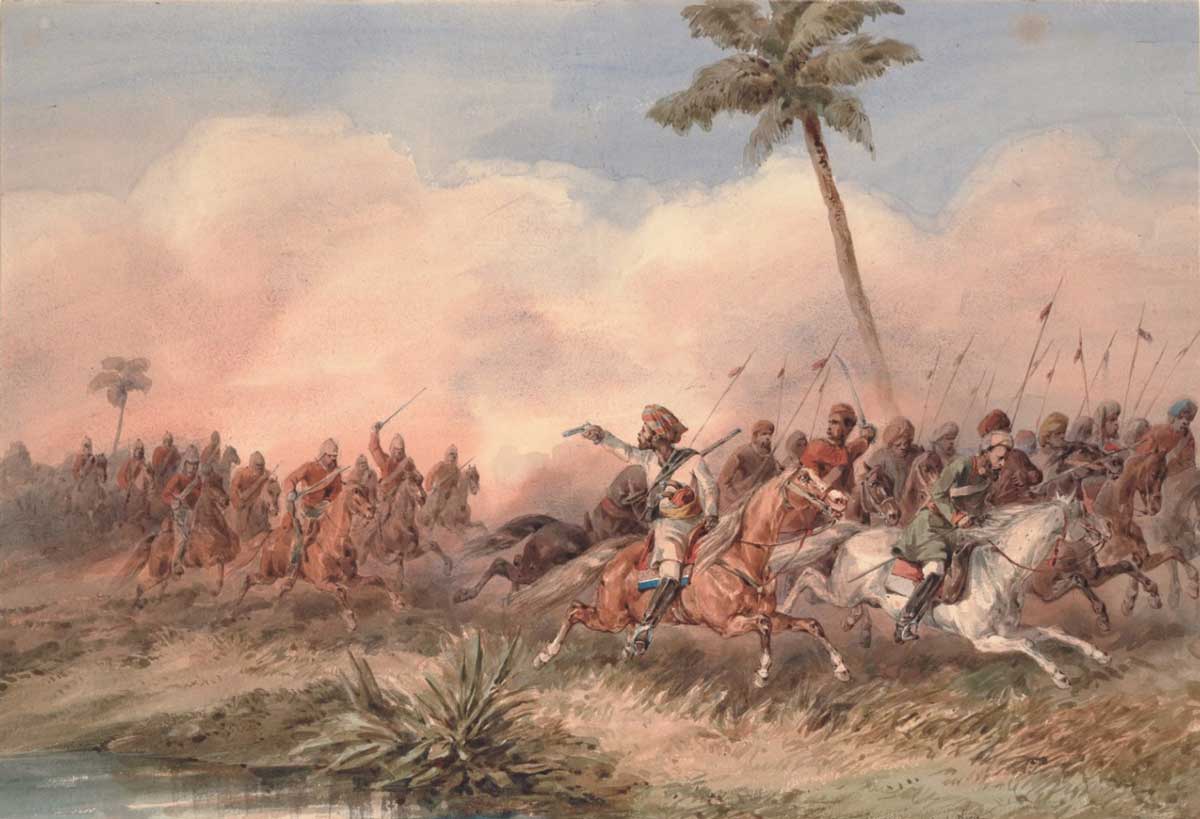 The 2nd Dragoon Guards, the Queen's Bays, routing the Lucknow mutineers near the Hyderabad road, Orlando Norie, 1859. Brown University Library/Wiki Commons.