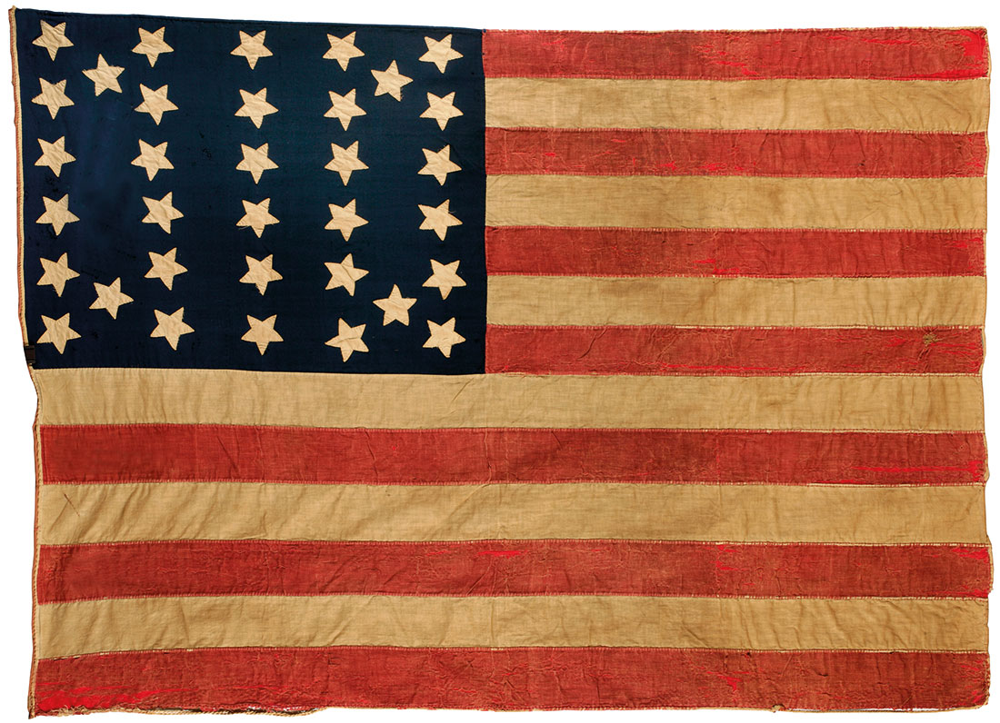 Flag of the United States of America with 34 stars, made of wool and cotton by Mrs John E. Forbes, 1861-63.