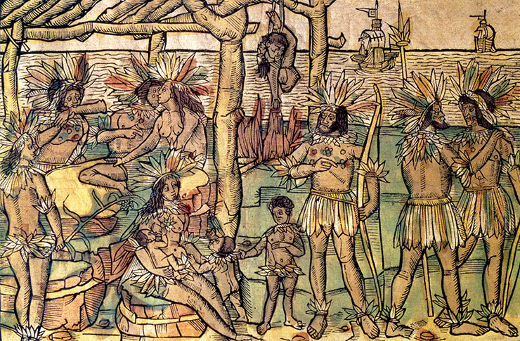 Indians preparing for a cannibal feast in a German woodcut, c.1505 inspired by Amerigo Vespucci's account of South America.