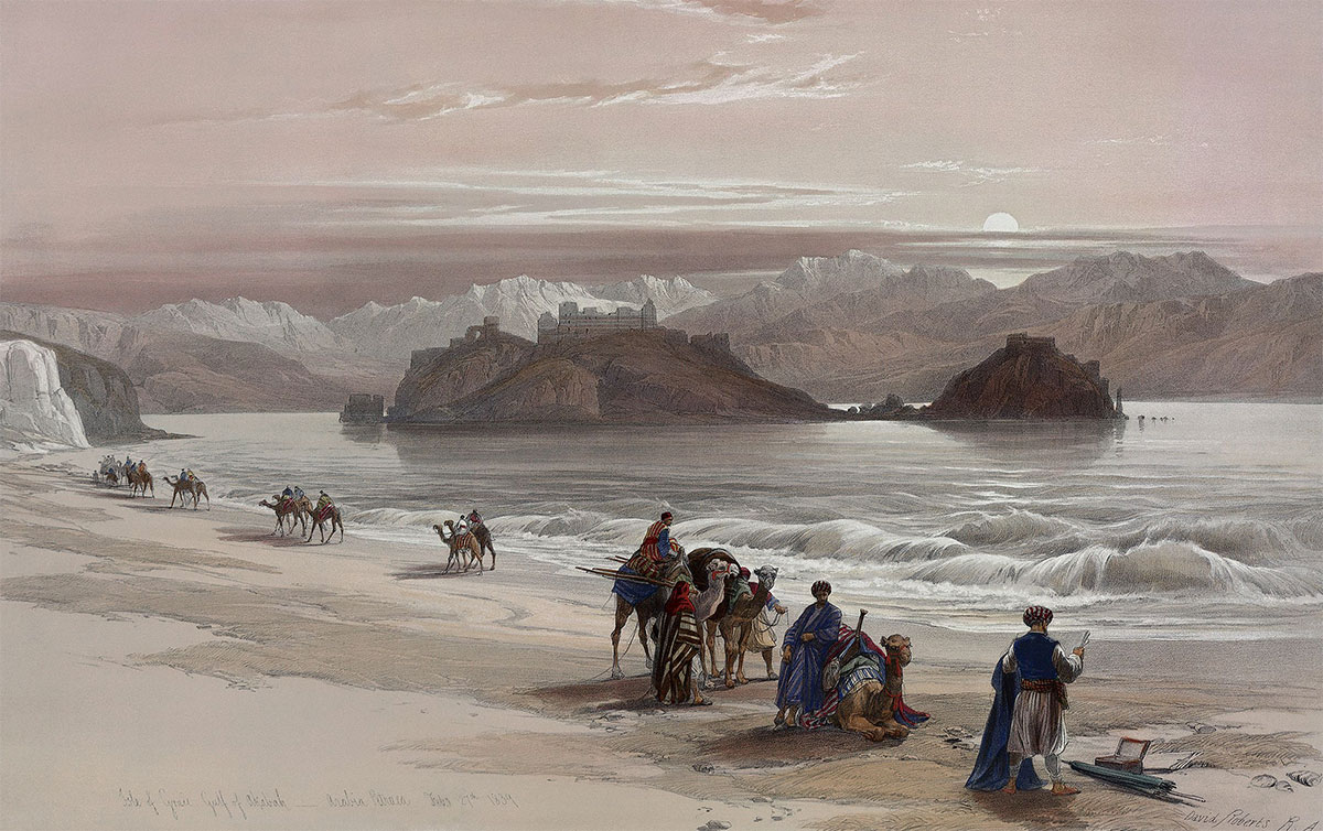 A trade caravan passing the Isle of Graia in the Gulf of Akabah, Arabia Petraea, 1839.