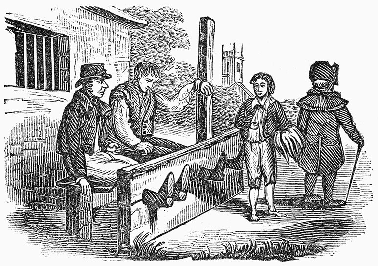 Men sitting in the stocks in colonial America, wood engraving, 1838