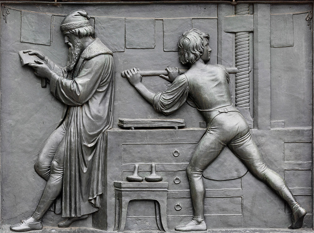 Bronze relief panel from the Gutenberg Monument in Mainz, by David d’Angers, 1840.