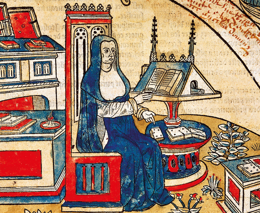 Miniature of woman reading, from the Chronicles of the King of France, by Robert Gaguin, Paris, 1514.