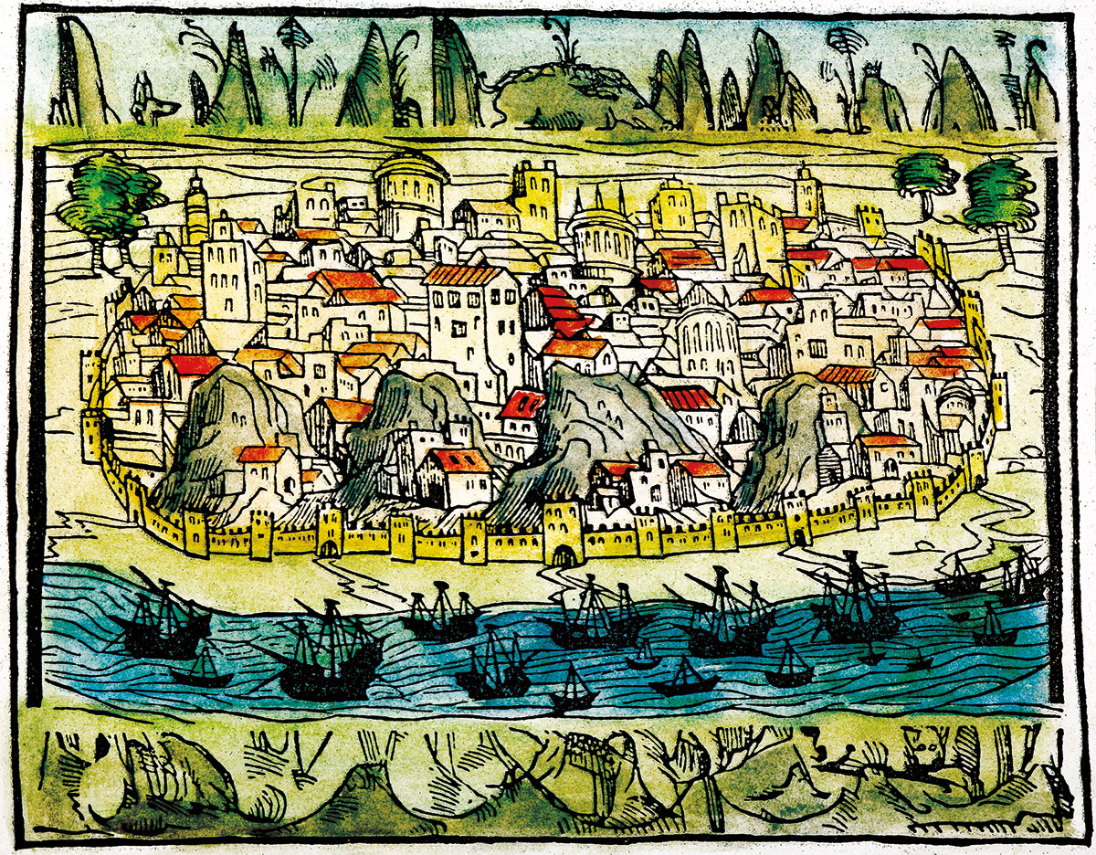 City by the sea: a view of Lisbon, 1548, Spanish woodcut.
