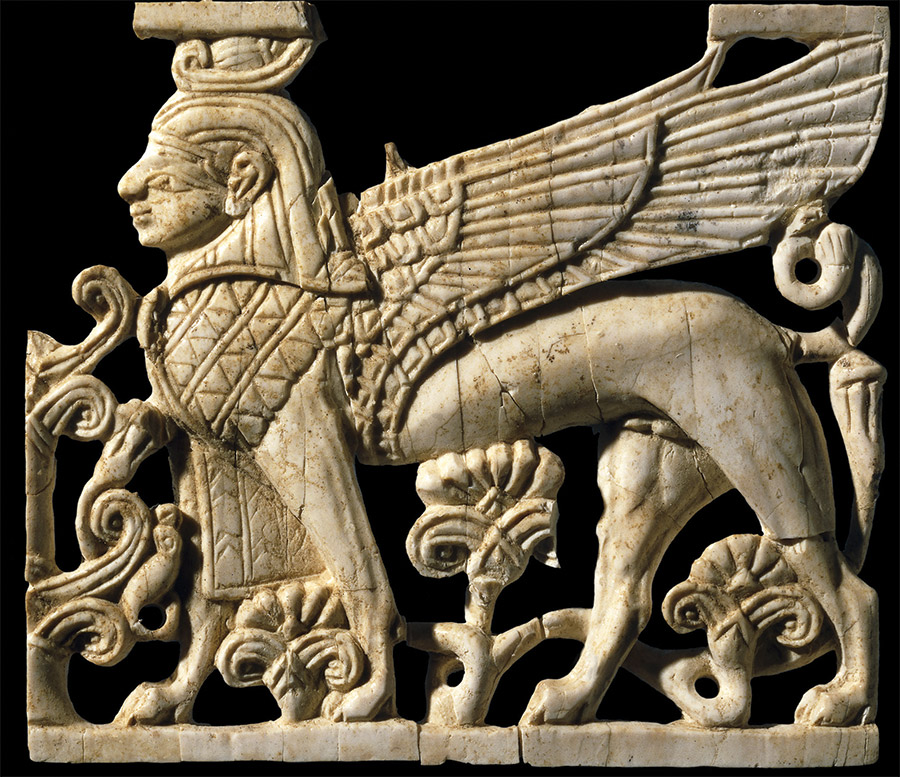 An open-work ivory panel of a human-headed sphinx, c.900-700 BC, found at Fort Shalmaneser in northern Iraq.