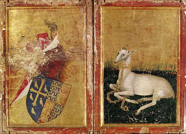 The exterior of the Wilton Diptych depicts Richard II's coat of arms impaled with those of Edward the Confessor. Opposite, the king's grieving white hart sits on a bed of rosemary. 