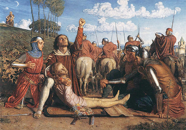 Rienzi vowing to obtain justice for the death of his young brother, slain in a skirmish between the Colonna and the Orsini factions. By William Holman Hunt, 1848-9.