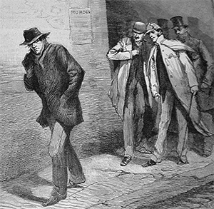 One of a series of images from the Illustrated London News for October 13, 1888 carrying the overall caption, "With the Vigilance Committee in the East End". This specific image is entitled "A Suspicious Character".