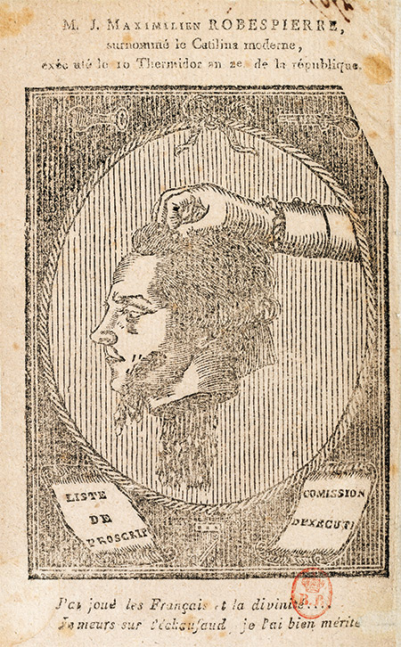 The decapitated head of Robespierre, wood engraving, 1794.