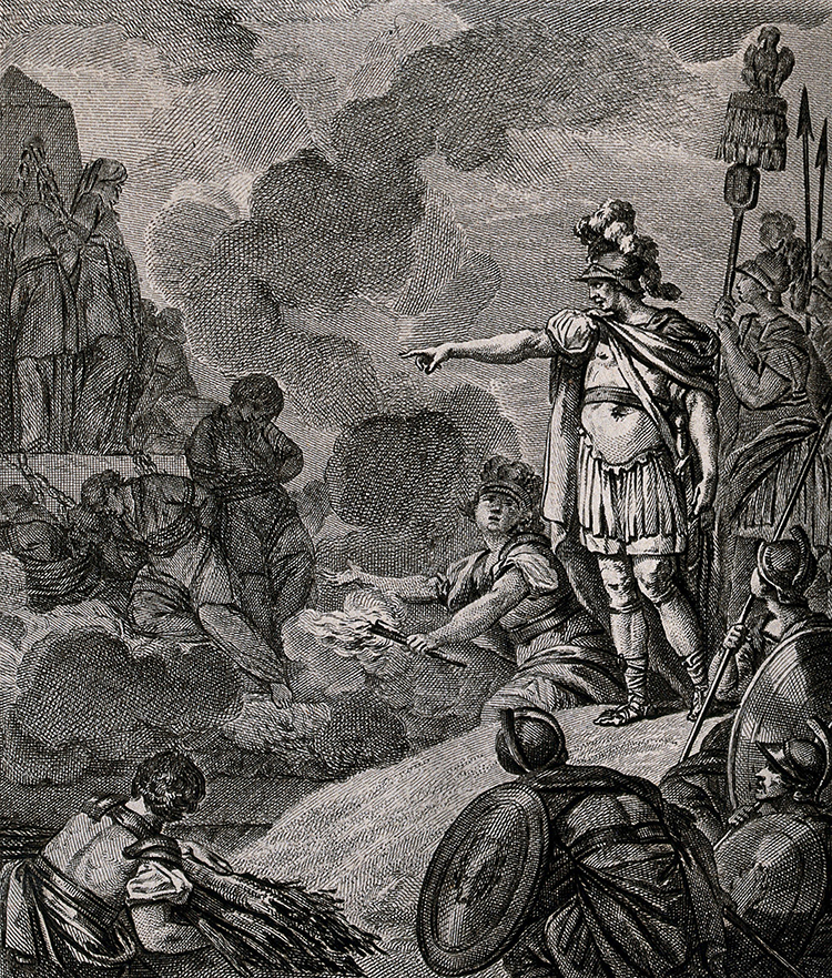 A Roman soldier orders the burning of the druids. Etching by David after Monet.