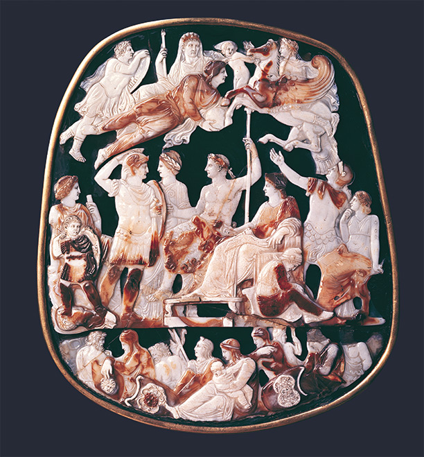 The Great Cameo of France was carved in the reign of Tiberius, AD c.23, and shows him enthroned, while Augustus, veiled and crowned, floats above. Bridgeman/Bibliotheque Nationale, Paris