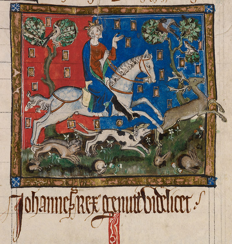 King John hunting a stag with hounds, contemporary image.