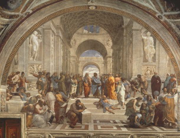 Greek philosophers and thinkers assemble at Plato's Academy in the Renaissance fresco by Raphael, 1510, known as the 'School of Athens'