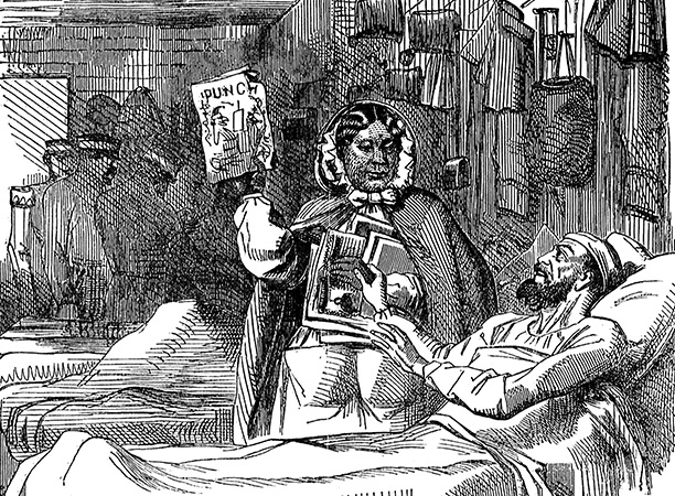 In May 1857 Punch mocked Seacole's worthiness for a fund in her name. 'Our Own Vivandière' shows her, misleadingly, with a wounded soldier in hospital.