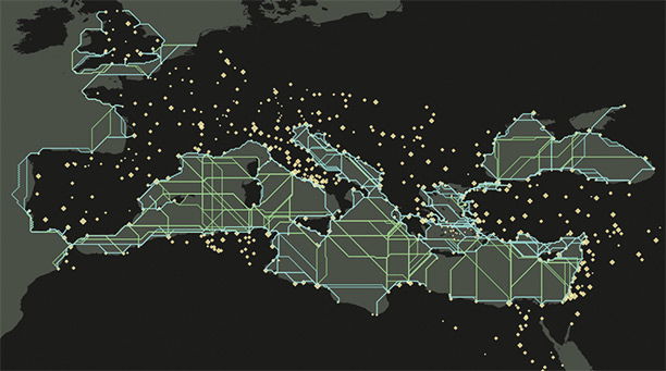 Sea routes in July AD 200, with coastal routes in blue and overseas routes in green