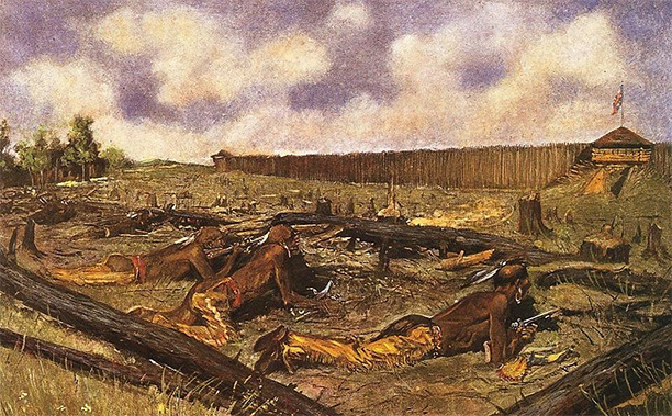 The Siege of the Fort at Detroit, depiction of the 1763 Siege of Fort Detroit by Frederic Remington.