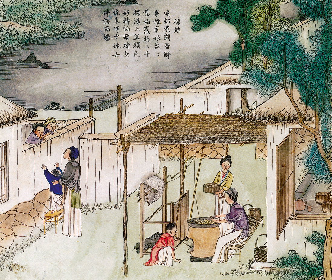 Silk spinning, Chinese illustration, dated 1696.