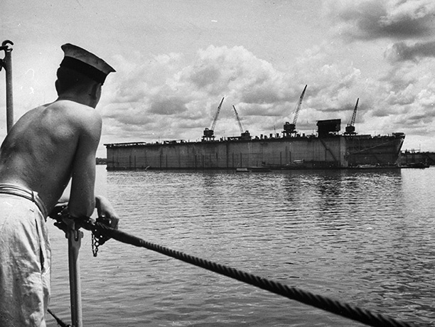 The floating dry docks at Singapore naval base, 1941, shortly before its capitulation to Japanese forces