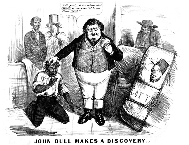 American satire, c. 1863, suggesting Britain might abandon its anti-slavery principles because the Union's civil war blockade threated to cripple Lancashire's cotton industry. Library of Congress