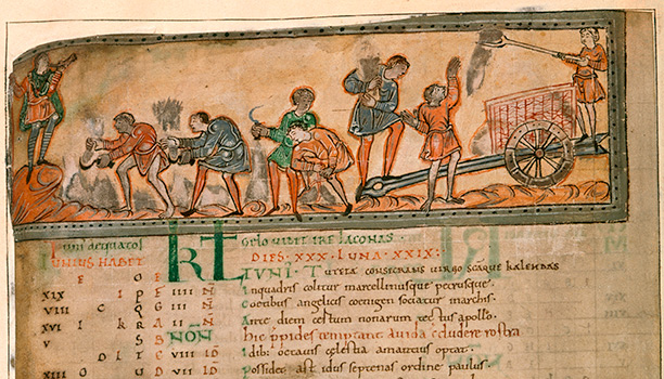 Slave labour? A man blows a horn, while four men cut hay with sickles and another holds a wheatsheaf. Eleventh century manuscript.