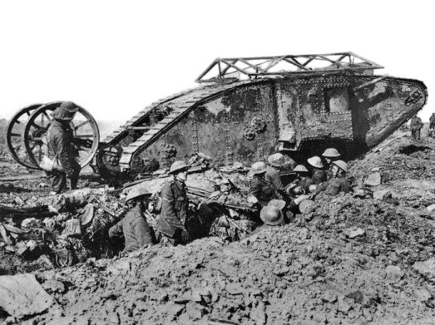 An early model British Mark I "male" tank, named C-15, near Thiepval, 25 September 1916