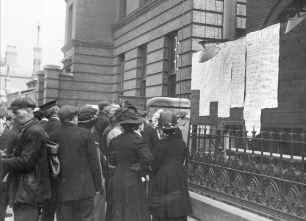 The White Star Line posted lists of survivors outside its Southampton office, where 'Women sobbed aloud, while tears glistened in the eyes of rough and hardy sea-faring men' 