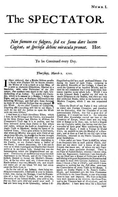 The first issue of The Spectator, March 1st, 1711