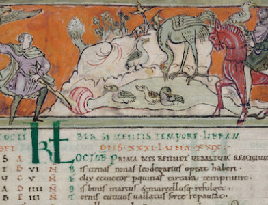 Life on land: hunting with the falcon, from an Anglo-Saxon calendar, 11th century. British Library/Bridgeman Images.